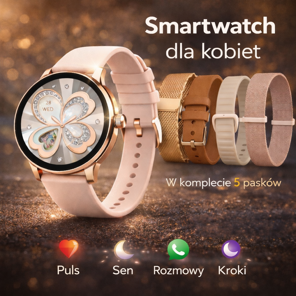 SMARTWATCH DAMSKI 5 PASKÓW GRATIS WODOODPORNY MENU JĘZYK POLSKI