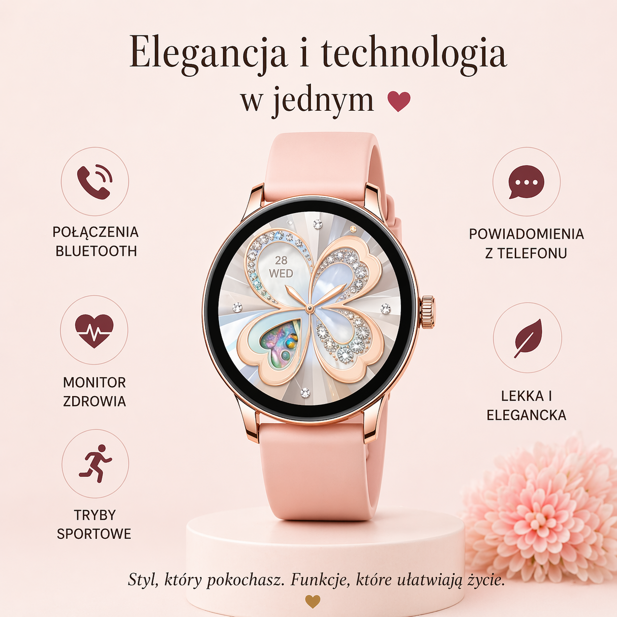SMARTWATCH DAMSKI 5 PASKÓW GRATIS WODOODPORNY MENU JĘZYK POLSKI