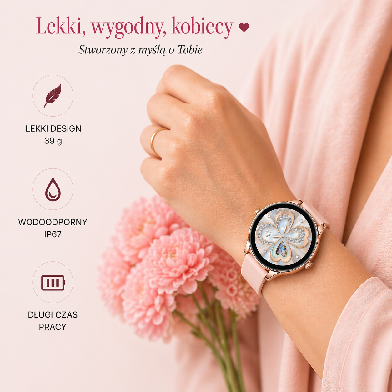 SMARTWATCH DAMSKI 5 PASKÓW GRATIS WODOODPORNY MENU JĘZYK POLSKI