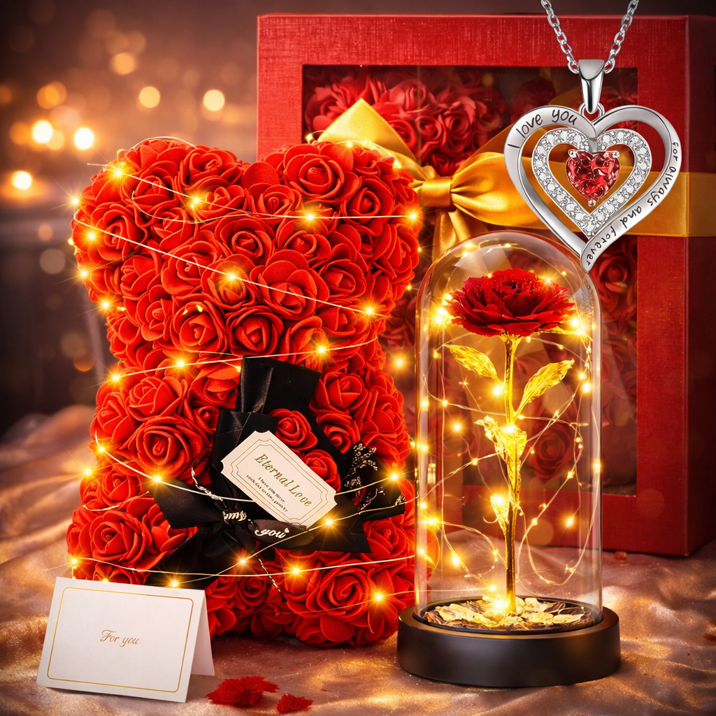 Prezent Dla Kobiet Miś Z Róż + Wieczna Róża W Szkle + Naszyjnik Serce Zapakowane Na Prezent