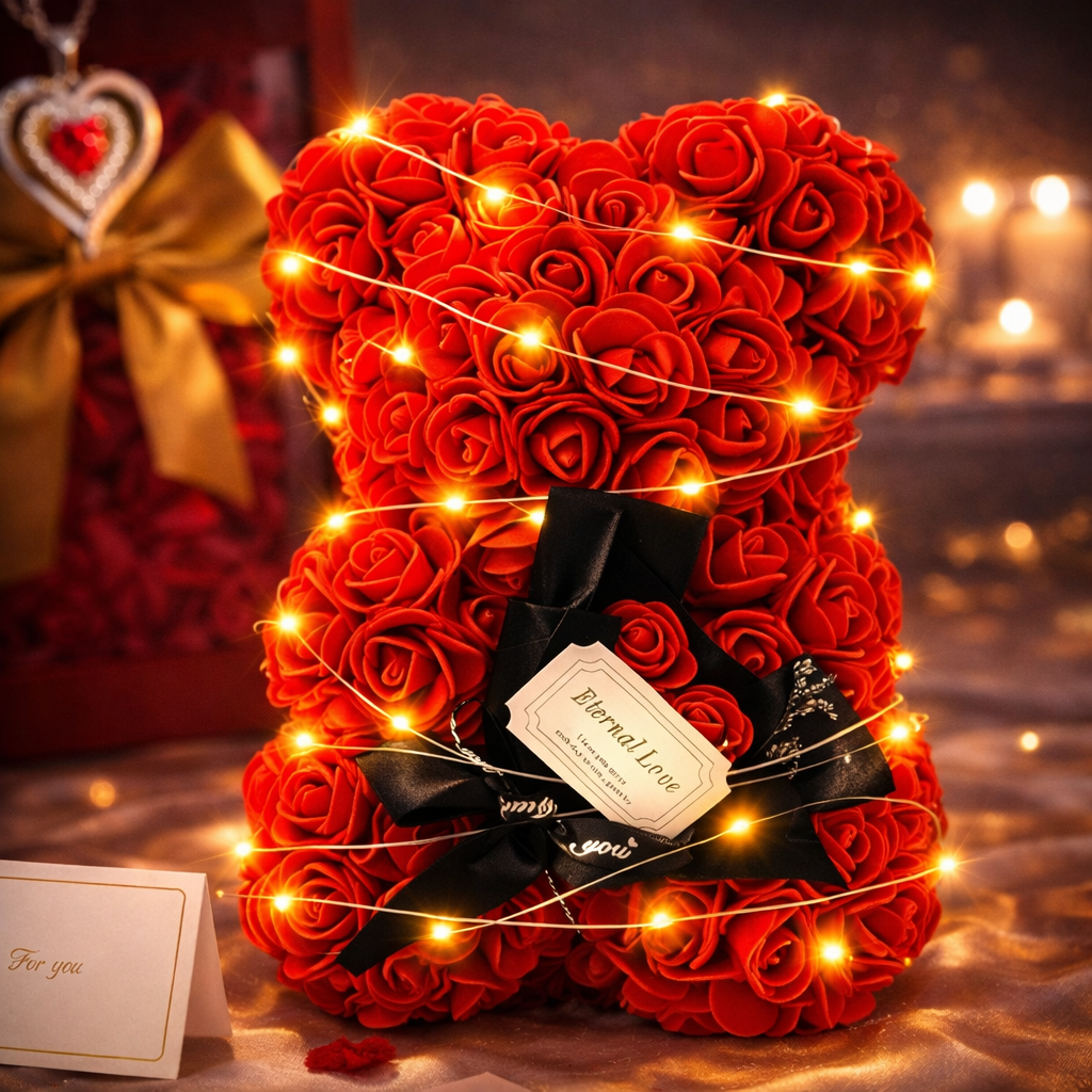 Prezent Dla Kobiet Miś Z Róż + Wieczna Róża W Szkle + Naszyjnik Serce Zapakowane Na Prezent