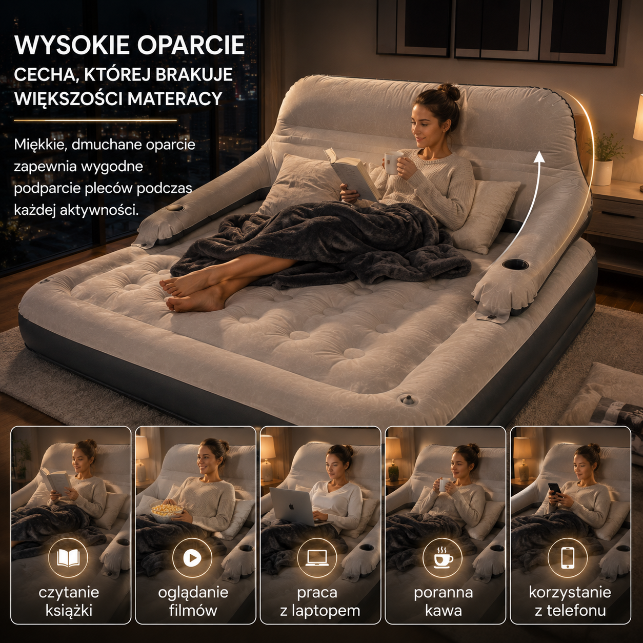MATERAC DMUCHANY PODWÓJNY XXL Z OPARCIEM PODUSZKAMI ŁÓŻKO TURYSYCZNE