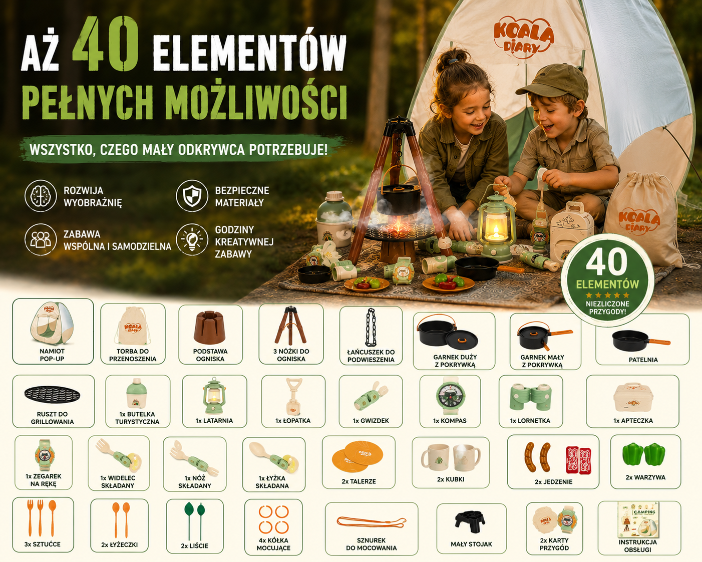 KEMPING Z NAMIOTEM DUŻY ZESTAW DLA DZIECI 40 ELEMENTÓW BIWAK