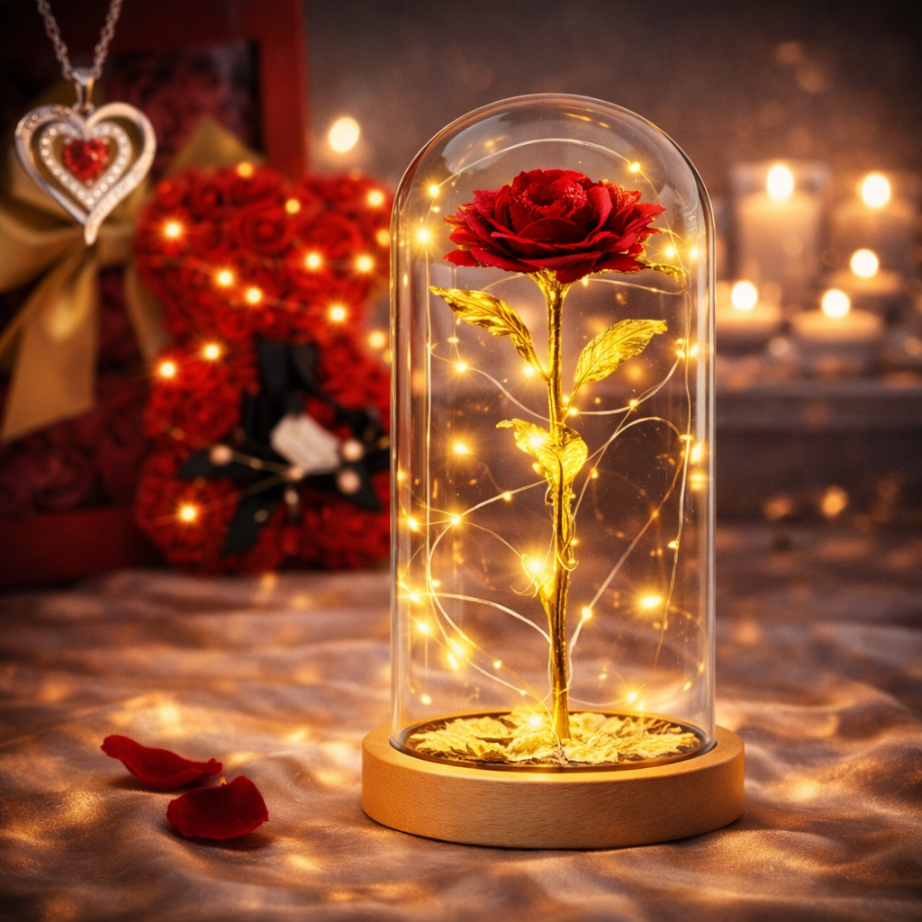 Prezent Dla Kobiet Miś Z Róż + Wieczna Róża W Szkle + Naszyjnik Serce Zapakowane Na Prezent