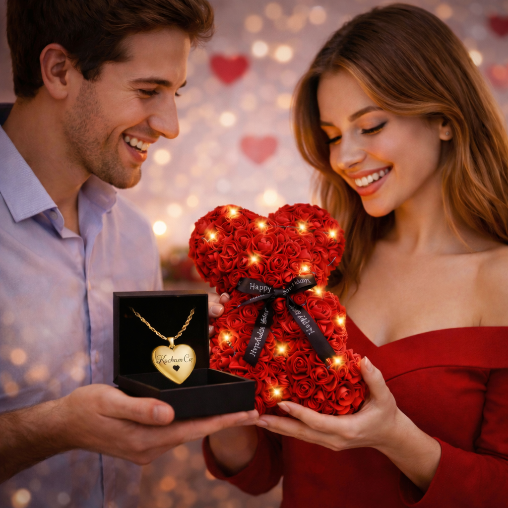 Miś Z Róż LED Naszyjnik Kocham Cię Prezent Na Dzień Kobiet Zestaw