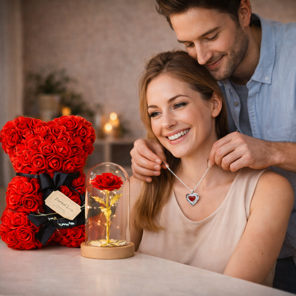 Prezent Dla Kobiet Miś Z Róż + Wieczna Róża W Szkle + Naszyjnik Serce Zapakowane Na Prezent