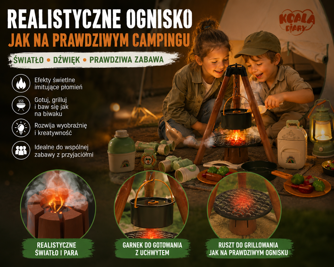 KEMPING Z NAMIOTEM DUŻY ZESTAW DLA DZIECI 40 ELEMENTÓW BIWAK