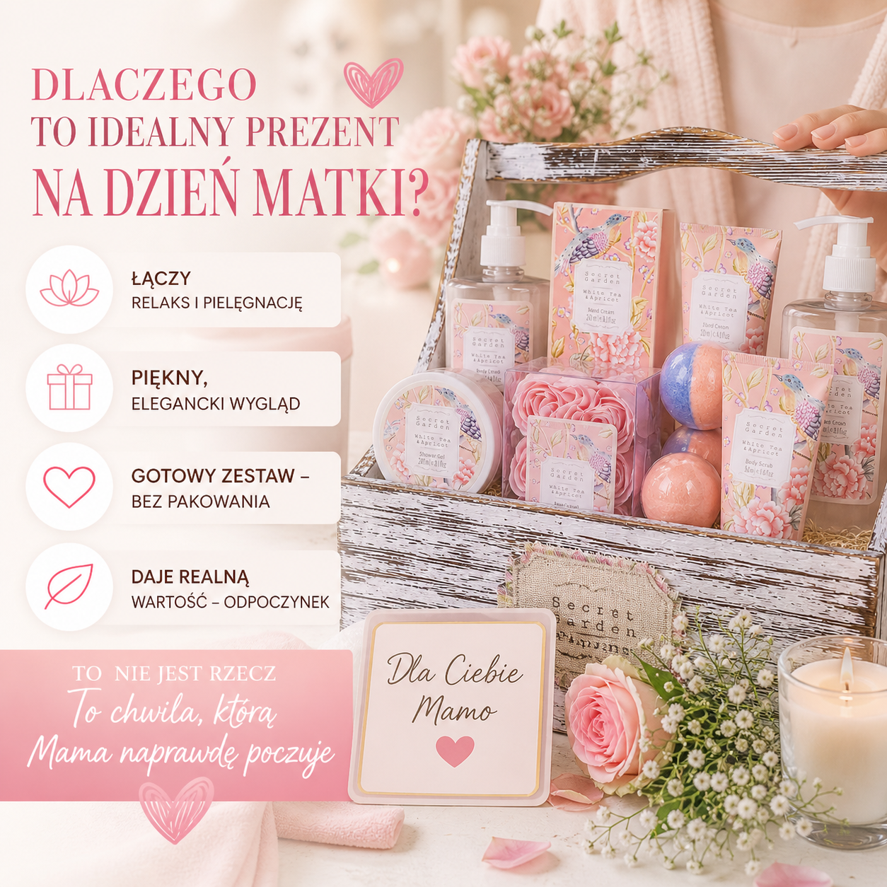 KOSZ PREZENTOWY KOSMETYKI DO KĄPIELI NA DZIEŃ MAMY BIAŁA HERBATA MORELA
