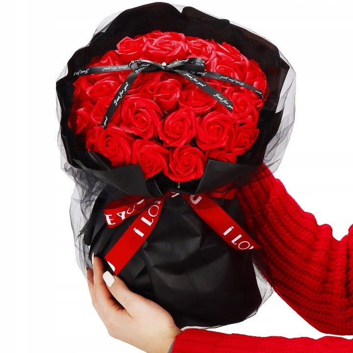 Bukiet Kwiaty Mydlane Prezent Na Walentynki Duży XL 32 Czerwone Róże Wstążka