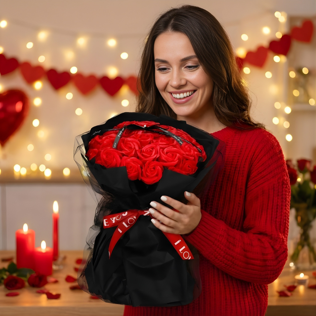 Bukiet Kwiaty Mydlane Prezent Na Walentynki Duży XL 32 Czerwone Róże Wstążka