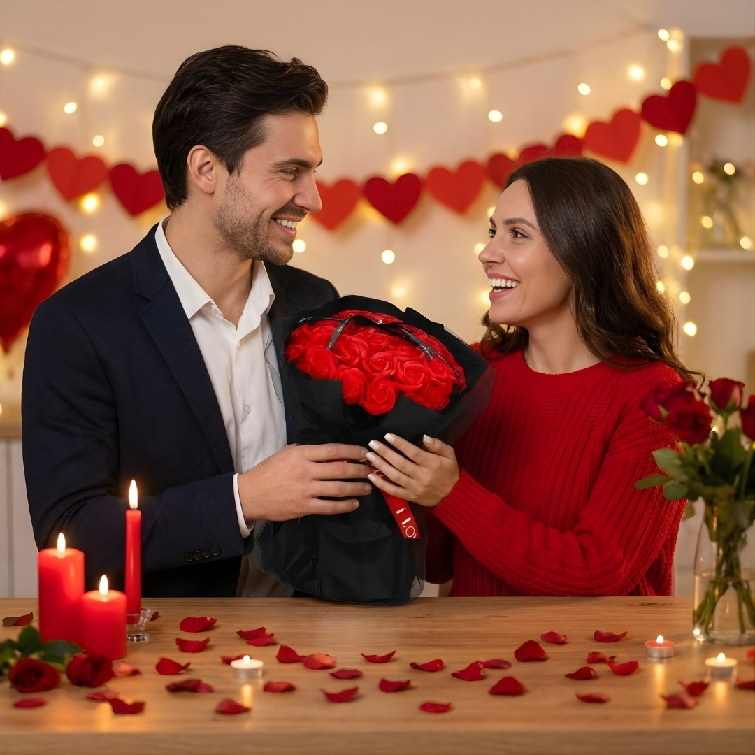 Bukiet Kwiaty Mydlane Prezent Na Walentynki Duży XL 32 Czerwone Róże Wstążka