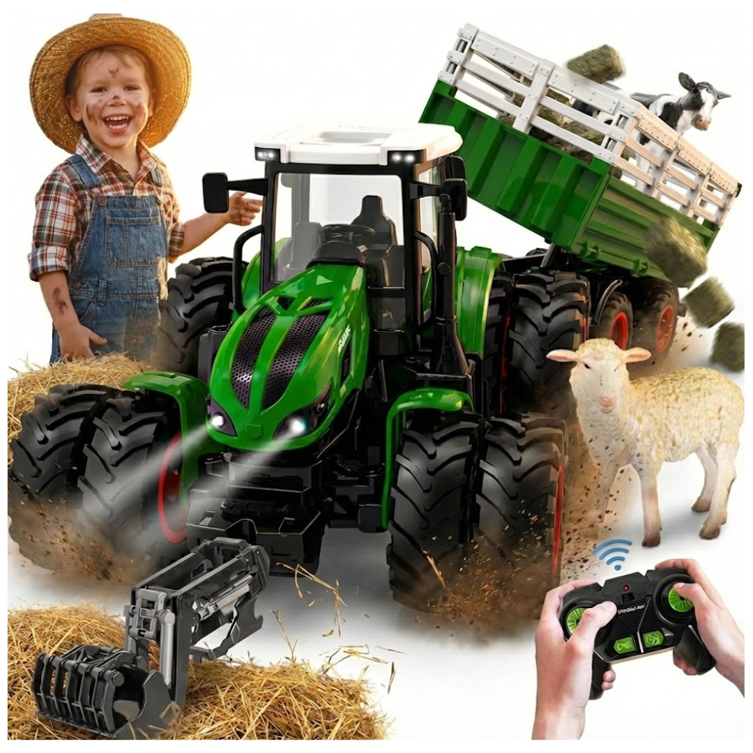 TRAKTOR ZDALNIE STEROWANY DUŻY CIĄGNIK NA PILOTA PRZYCZEPA FARMA PREZENT