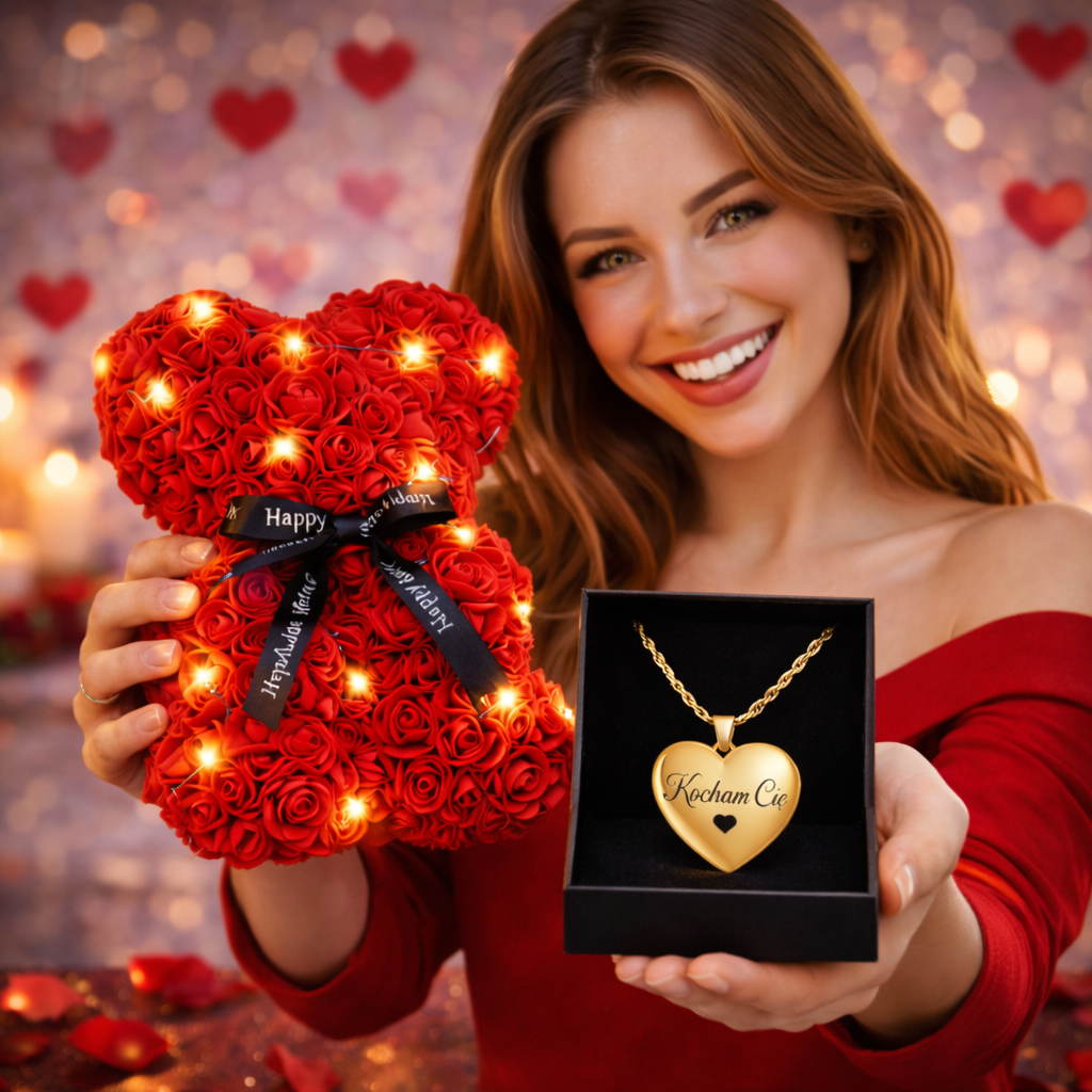Miś Z Róż LED Naszyjnik Kocham Cię Prezent Na Dzień Kobiet Zestaw