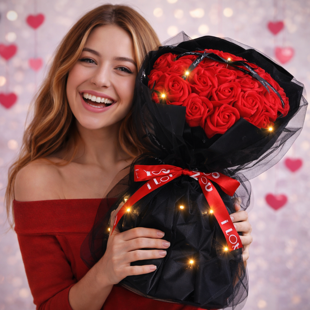 Bukiet Kwiaty Mydlane Prezent Na Walentynki Duży XL 32 Czerwone Róże Wstążka