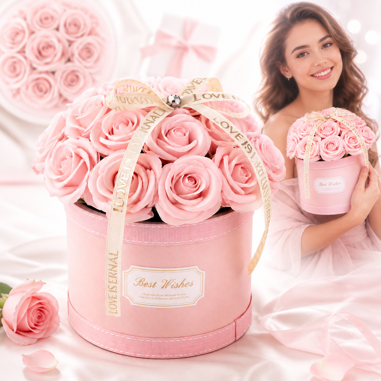 KWIATY MYDLANE FLOWER BOX BUKIET PREZENT NA Dzień Mamy PACHNĄCE RÓŻE 21szt