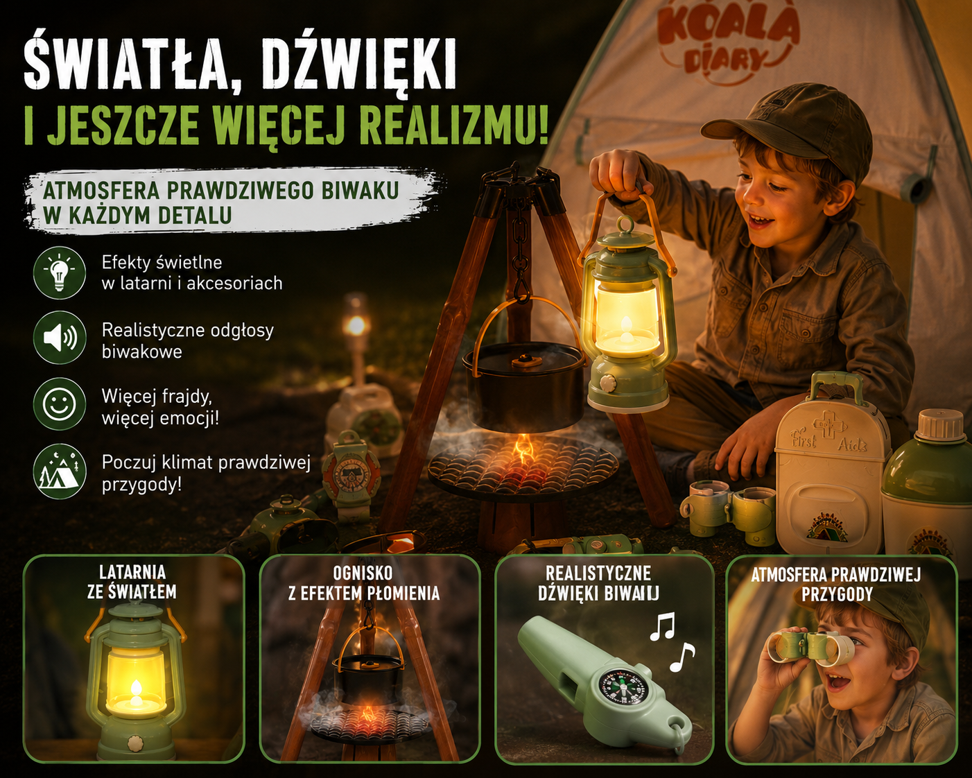 KEMPING Z NAMIOTEM DUŻY ZESTAW DLA DZIECI 40 ELEMENTÓW BIWAK