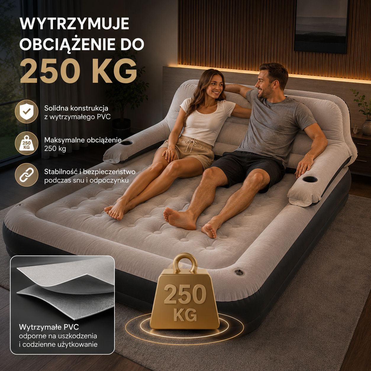 MATERAC DMUCHANY PODWÓJNY XXL Z OPARCIEM PODUSZKAMI ŁÓŻKO TURYSYCZNE