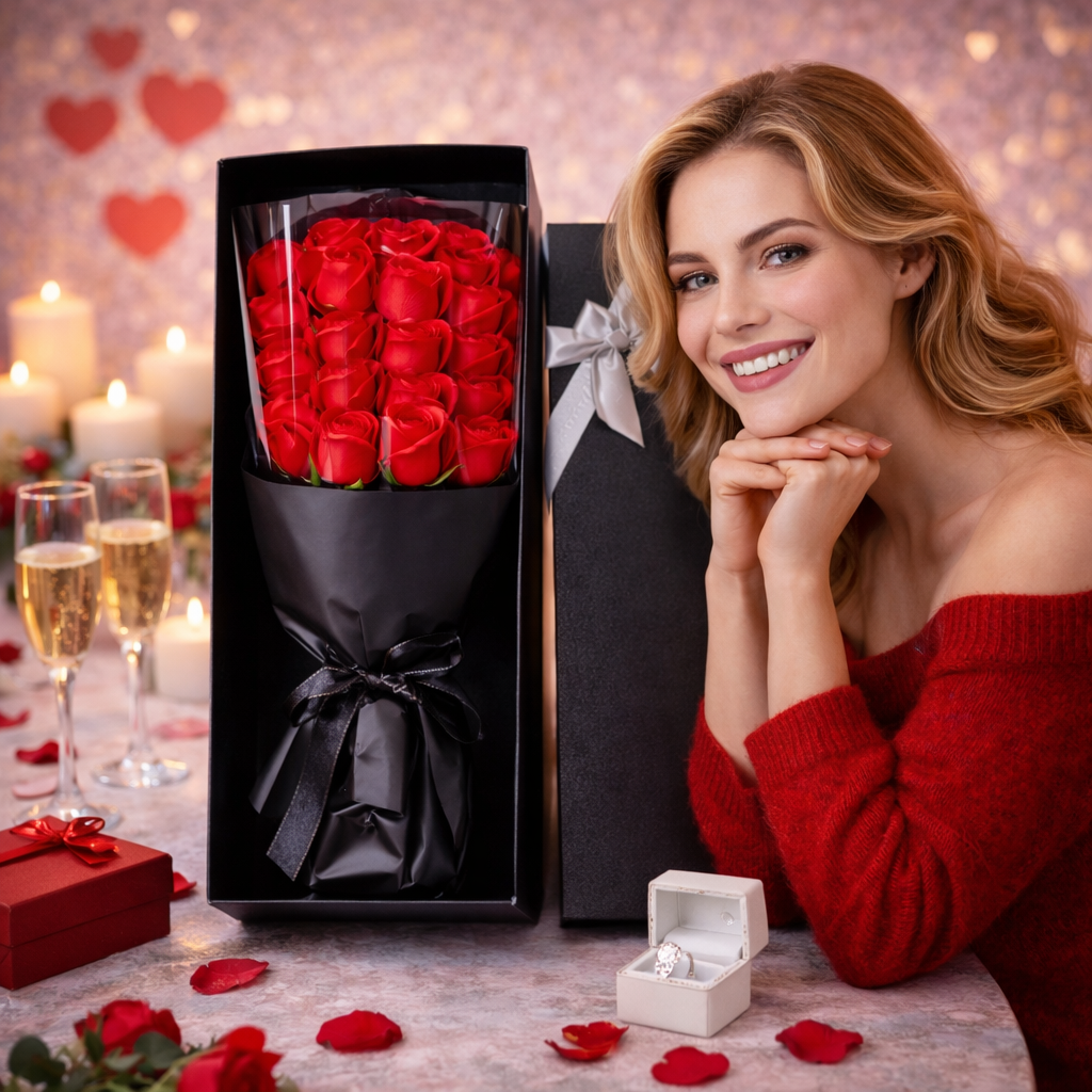 DUŻY BUKIET CZERWONYCH RÓŻ KWIATY MYDLANE PACHNĄCE PREZENT DZIEN KOBIET 37x19cm