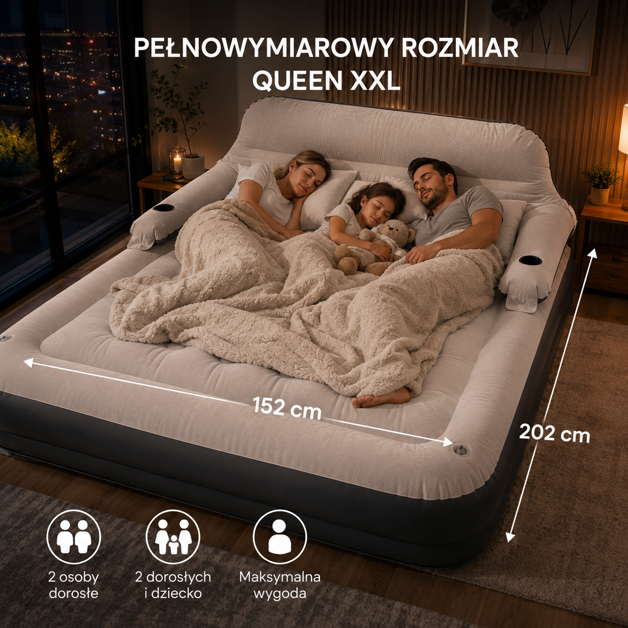 MATERAC DMUCHANY PODWÓJNY XXL Z OPARCIEM PODUSZKAMI ŁÓŻKO TURYSYCZNE