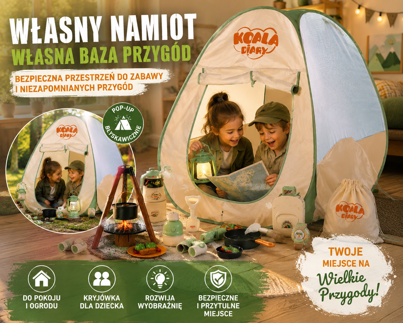 KEMPING Z NAMIOTEM DUŻY ZESTAW DLA DZIECI 40 ELEMENTÓW BIWAK