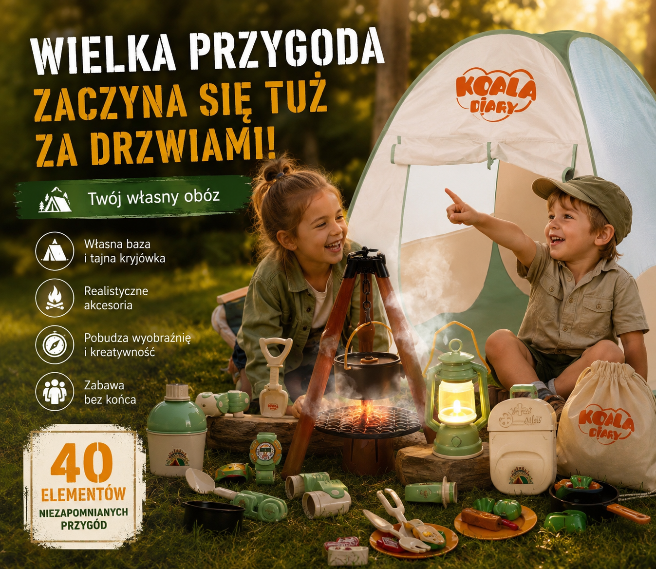 KEMPING Z NAMIOTEM DUŻY ZESTAW DLA DZIECI 40 ELEMENTÓW BIWAK