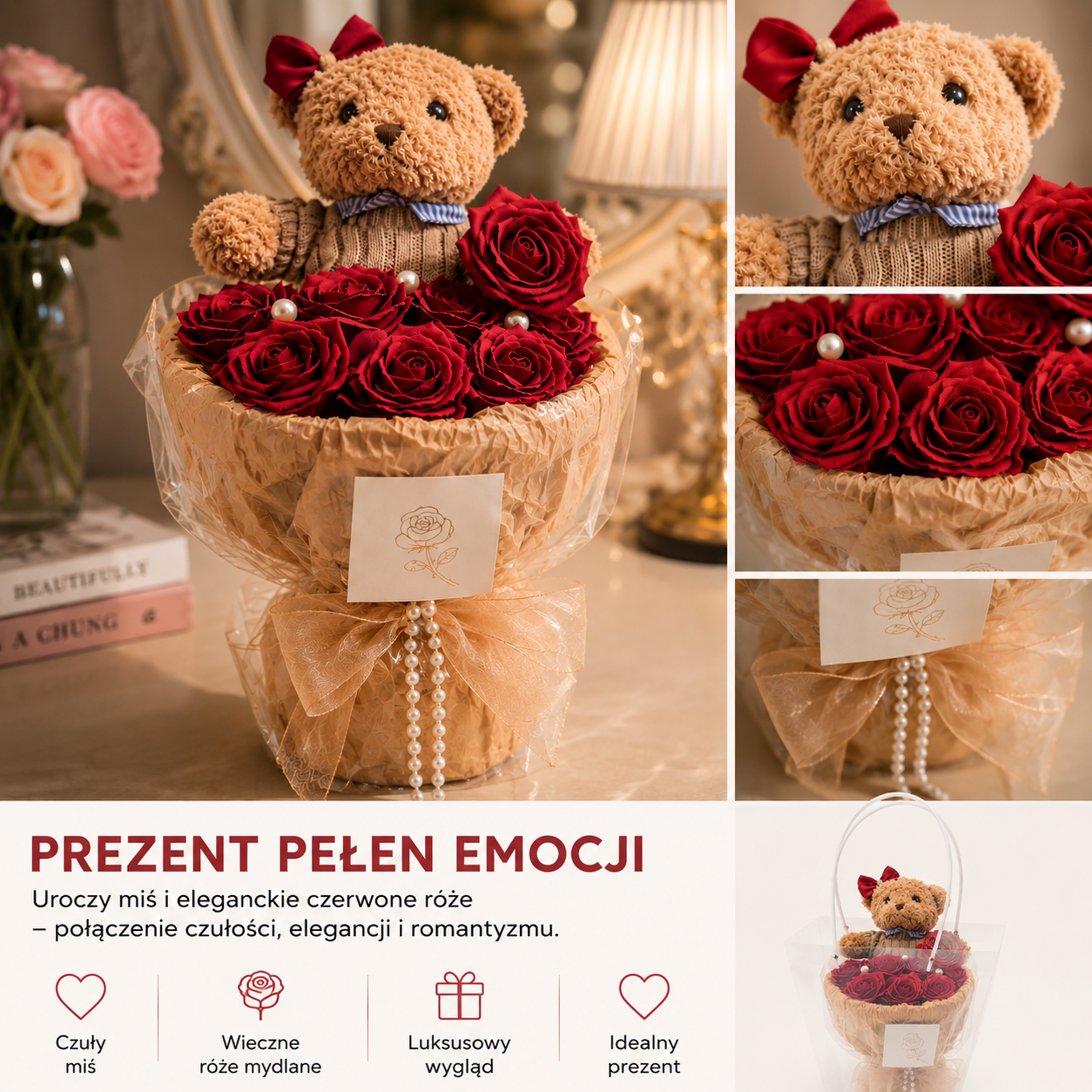 BUKIET KWIATY DUŻE MYDLANE Z MISIEM PREZENT DLA MAMY