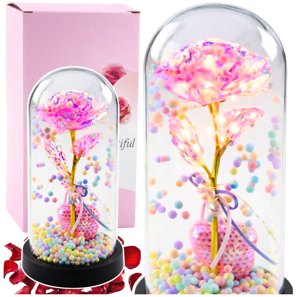 WIECZNA RÓŻA W SZKLE LED ŚWIECĄCA SERCE RÓŻOWA PREZENT NA WALENTYNKI