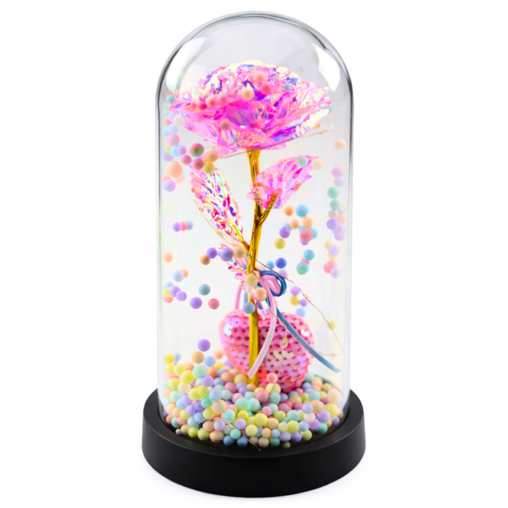 WIECZNA RÓŻA W SZKLE LED ŚWIECĄCA SERCE RÓŻOWA PREZENT NA WALENTYNKI