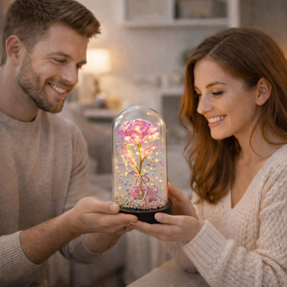 WIECZNA RÓŻA W SZKLE LED ŚWIECĄCA SERCE RÓŻOWA PREZENT NA WALENTYNKI