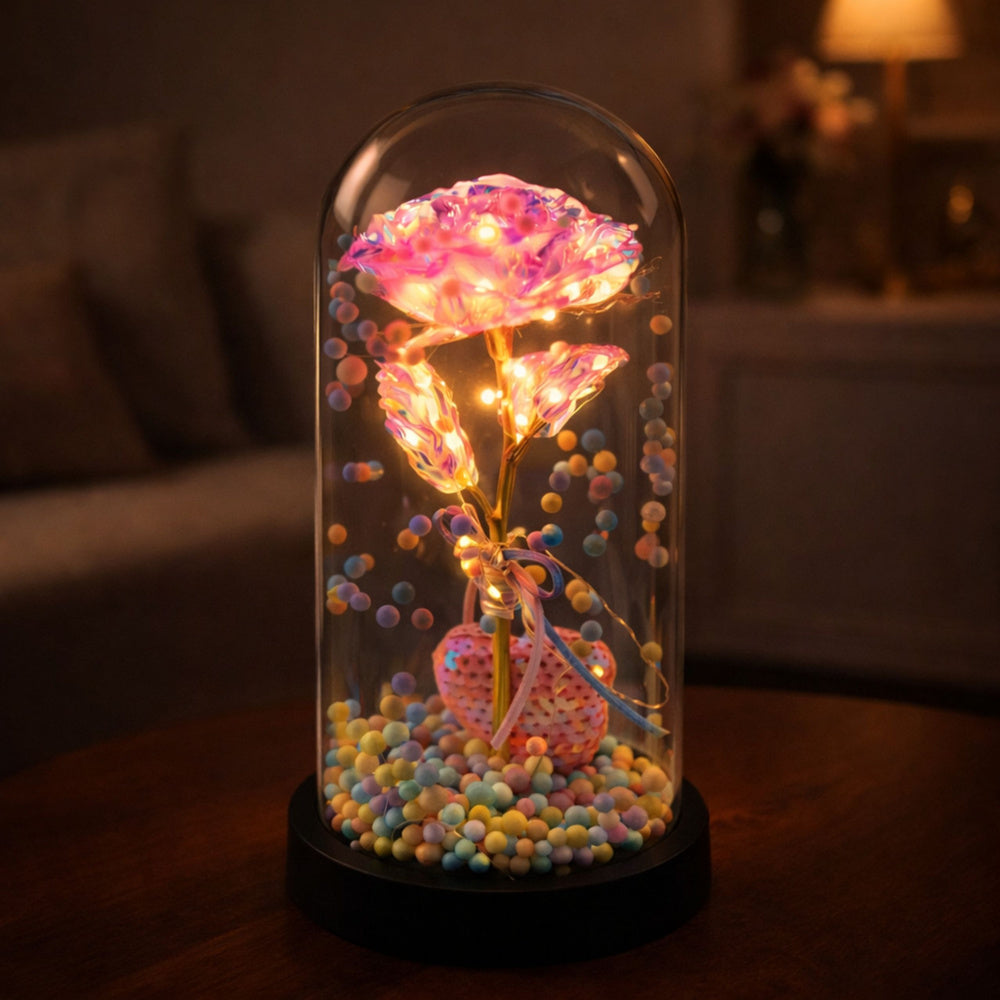 WIECZNA RÓŻA W SZKLE LED ŚWIECĄCA SERCE RÓŻOWA PREZENT NA WALENTYNKI