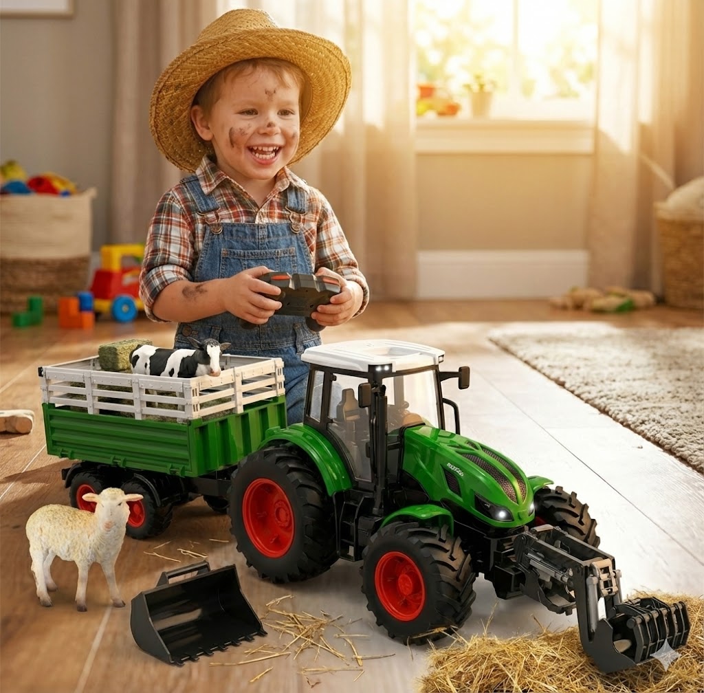 TRAKTOR ZDALNIE STEROWANY DUŻY CIĄGNIK NA PILOTA PRZYCZEPA FARMA PREZENT