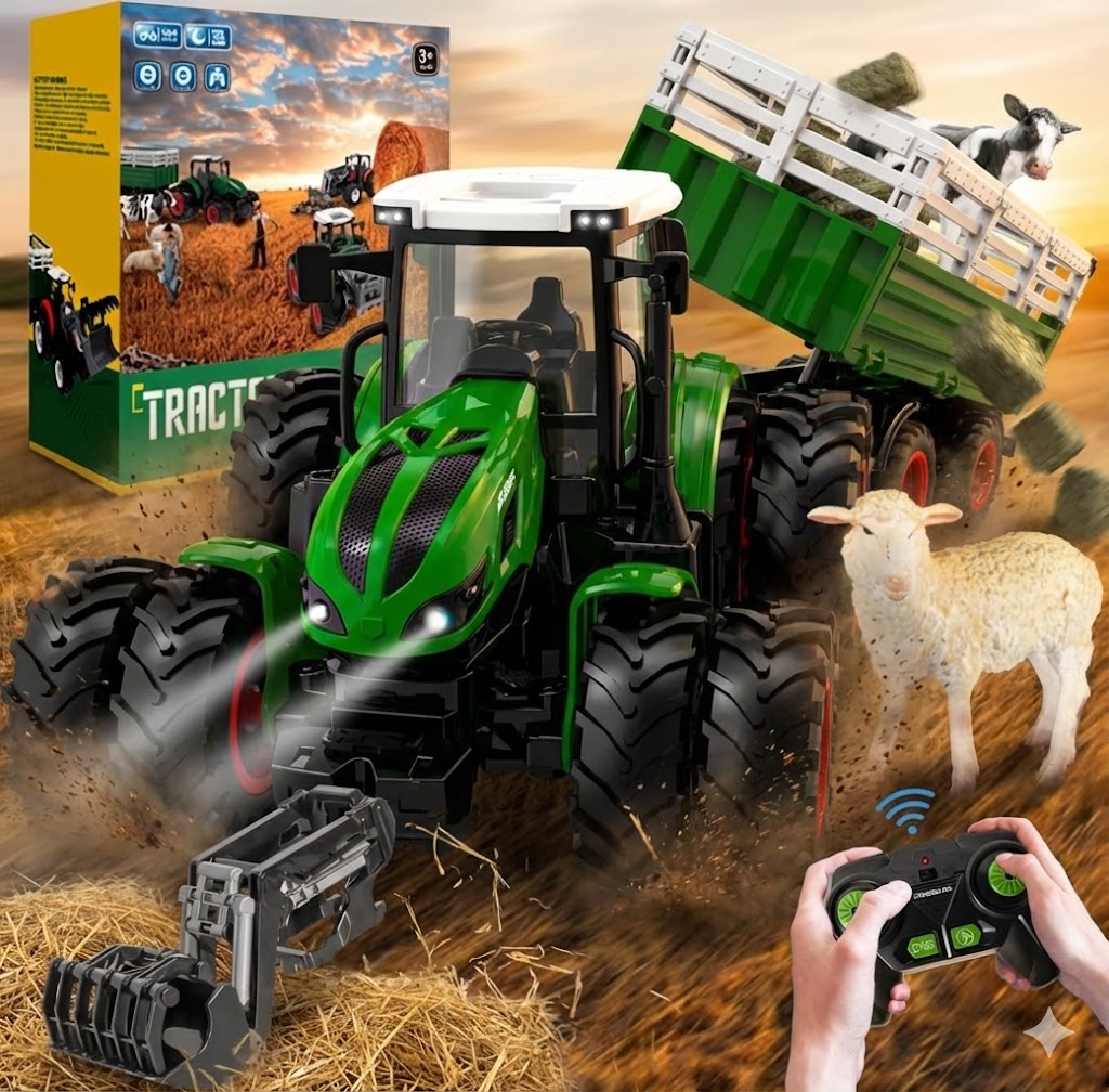 TRAKTOR ZDALNIE STEROWANY DUŻY CIĄGNIK NA PILOTA PRZYCZEPA FARMA PREZENT